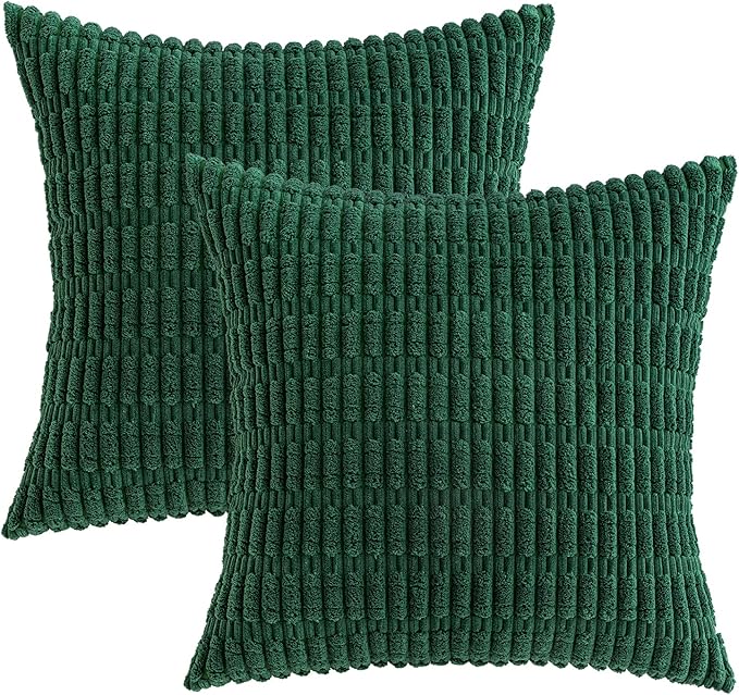 MIULEE Pack of 2 Dark Green Corduroy Decorative Pillow Covers 18x18 Inch Soft Boho Striped Throw Pillow Covers Modern Farmhouse Home Decor for Sofa Living Room Couch Bed