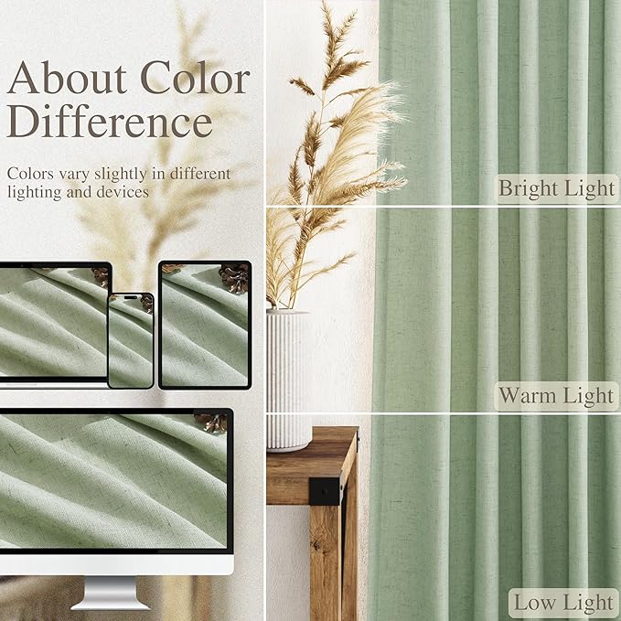 Nanspring Mist Sage Linen Curtains Semi Sheer 96 Inches Long 2 Panels Set for Living Room Back Tab Rod Pocket Light Filtering Drape for Bedroom Modern Farmhouse Coastal Decor Protect Privacy 52x96
