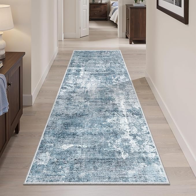 Runner Rug 2'x6' Abstract Washable Non-Slip Runner Rugs for Kitchen Bathroom Laundry Room Blue Vintage Floor Carpet Runners for Hallway Entryway