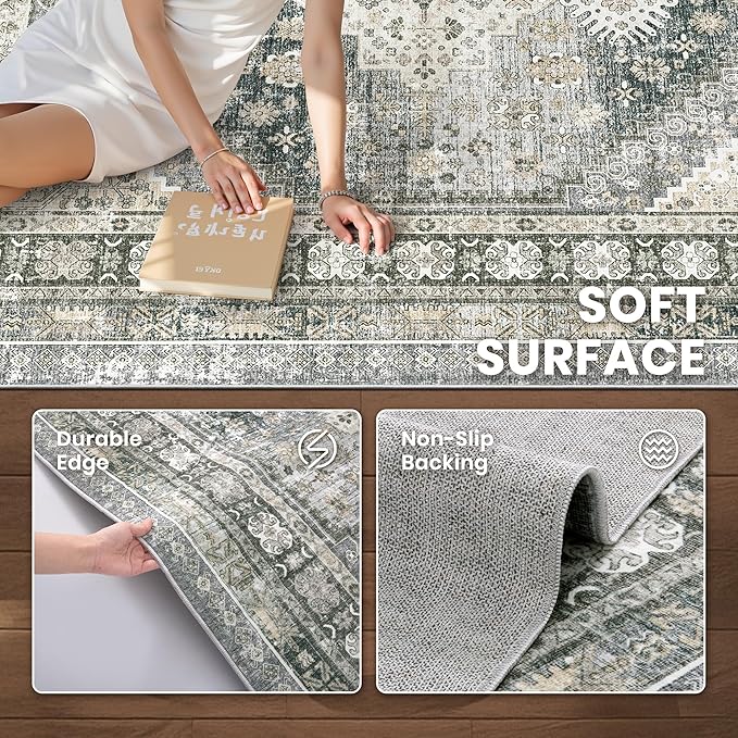 zesthome 5x7 Area Rugs - Ultra-Thin Washble Rug, Stain Resistant Anti Slip Backing Rugs for Living Room,Bedroom, Vintage Home Decor Area Rug (Wheat/Charcoal,5'x7')