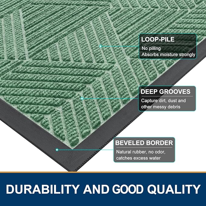 Smiry Front Door Mat Outside Entrance, Heavy Duty Sturdy Natural Rubber Doormat, Trap Dirt and Moisture, Easy Clean Low Profile Welcome Floor Mats for Indoor Outdoor Entry, 35X23 Inch, Mint Green