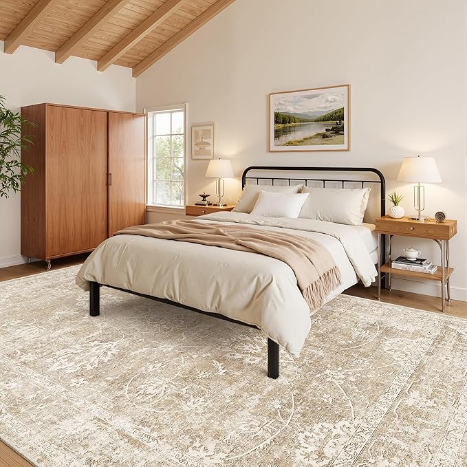Madane Living Room 10x14 Area Rugs,Washable Low Pile Non-Slip Stain Resistant Extra Large Thin Rug, Vintage Soft Throw Carpet for Dining Room Bedroom Farmhouse Home Office Decor (10 x 14, Beige/Brown)