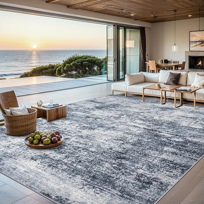 Area Rugs 9x12 Living Room - Washable Rug Modern Abstract Soft Large Neutral Non-Slip Carpet Indoor Floor Thin Carpets for Bedroom Dining Room Farmhouse Nursery Home Office Grey Blue