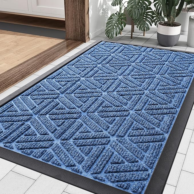 Smiry Front Door Mat Outside Entrance, Heavy Duty Sturdy Natural Rubber Doormat, Trap Dirt and Moisture, Easy Clean Low Profile Mats for Indoor Outdoor Entry, Grid Geometric (29.5x17, Blue)