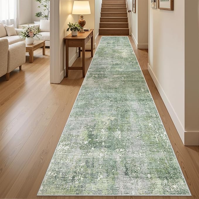 Runner Rug 2x12 Washable Non-Slip Hallway Runner Rugs for Kitchen Bathroom Laundry Room Green/Ivory Vintage Floor Carpet Runners for Hallways Entryway