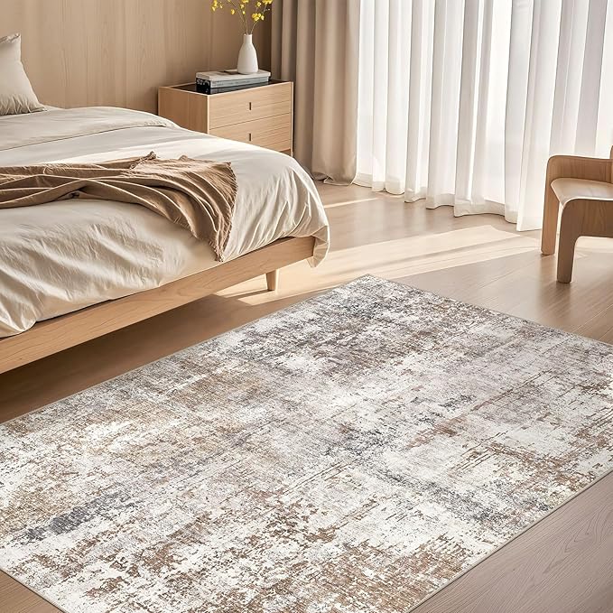 UERMEI 4x6 Area Rug Living Room Rugs - Washable Neutral Modern Abstract Soft Thin Rug Indoor Floor No Slip Rug Carpet for Bedroom Under Dining Table Home Office Decor - Brown/Grey/Red