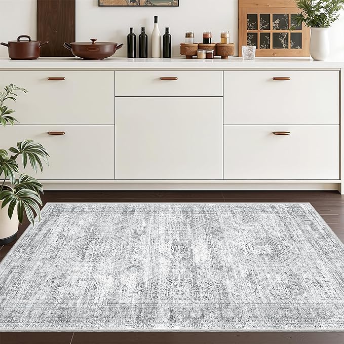 3x4 Washable Area Rug for Entryway, Soft Kitchen Rugs Non Slip for Dining Room, Vintage Abstract Living Room Rug, Thin Area Rugs Indoor for Bedroom, Kids Room Decor(3'x4', Grey/Ivory)