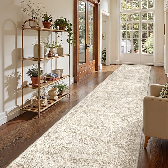 Washable Runner Rug 2.5x14, Non-Slip Long Hallway Runner for Entryway, Soft Vintage Kitchen Mats for Floor, Abstract Dining Room, Bedroom, Living Room Rugs(2.5'x14', Beige/Ivory)