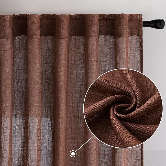 MIULEE Chocolate Brown Linen Curtains 72 Inch Length for Bedroom Living Room, Soft Thick Linen Textured Window Drapes Semi Sheer Light Filtering Back Tab Rod Pocket Burlap Look Decor, 2 Panels