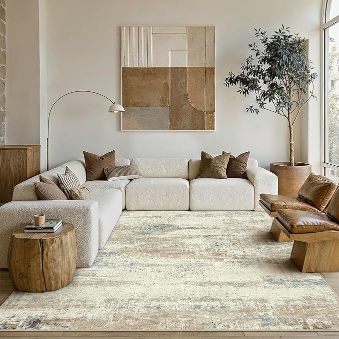 PureCozy 8x10 Area Rug Washable Beige Brown Abstract Living Room Carpet Non Slip Modern Neutral Soft Low Pile Contemporary Aesthetic Bedroom Large Rug Indoor Office Dining Room Playroom