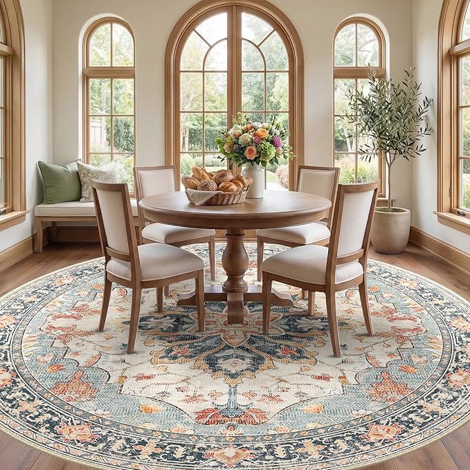 8ft Round Rug, Area Rugs 8ft, Washable Rug, Non-Slip, Rugs for Living Room for Bedroom, Circle , Vintage Rugs Boho Floral Medallion, Low Pile, Soft, Beige Dark Blue Navy Red