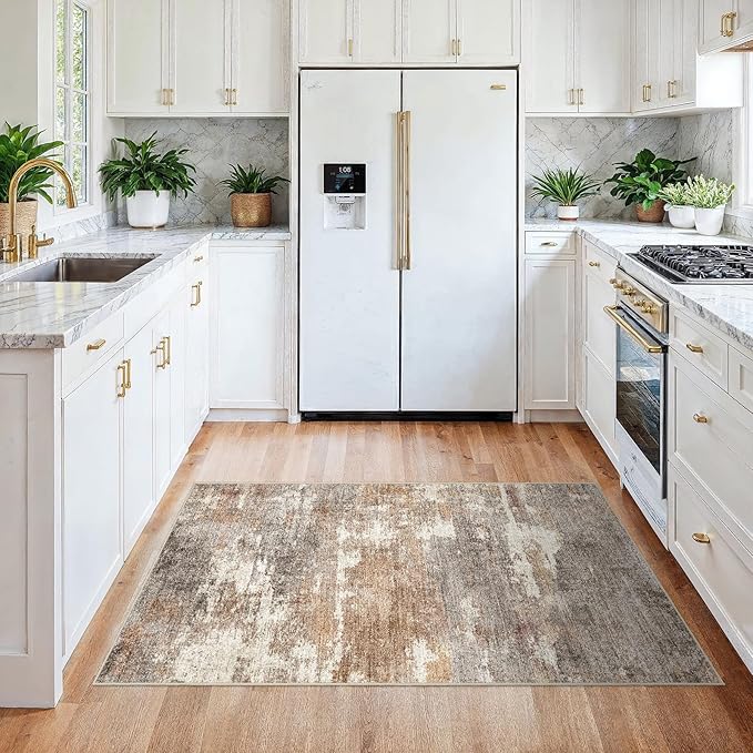 3x4 Washable Entryway Area Rug: Modern Abstract Small Runner Rug for Hallway Soft Non Slip Door Mat with Rubber Backing Low Pile Thin Floor Carpet for Kitchen Bathroom Bedroom Indoor 3x4 Brown/Brick