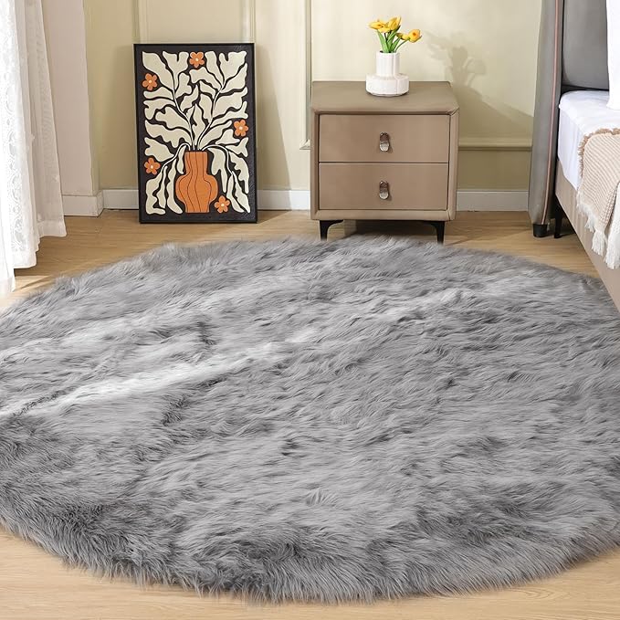 ORINOVA Silver Grey Washable Shaggy Round Rugs 6.6ft Large Faux Sheepskin Fur Rugs for Living Room Bedroom Circle Nursery Rug