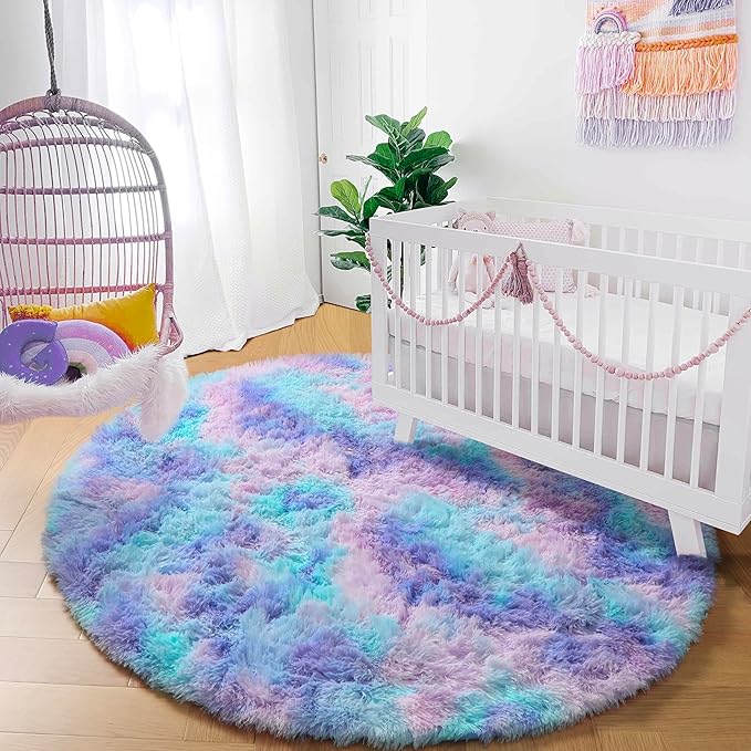 Amdrebio Purple Rainbow Small Round Rug 3Ft for Bedroom Girls Room Decor, Mermaid Stitch Frozen Kids Rugs for Playroom Nursery Dorm, Fluffy Furry Cute Shag Carpet, Kawaii Circle Area Rugs for Baby