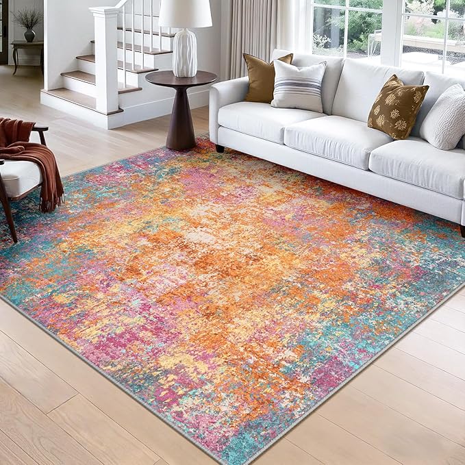Washable Area Rugs Square 8ft Non-Slip Modern Abstract Soft for Living Room Entryway Bedroom Nursery, Print Pattern, Orange Blue Pink Yellow Colorful