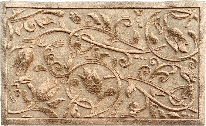 Boho Beige Floral Leaves Outdoor Indoor Entrance Doormats, Absorbent Durable Heavy Duty Welcome Front Door Mat,Thick Natural Rubber Back,Easy Clean Entryway Mat 17x30 Inch, Low Profile