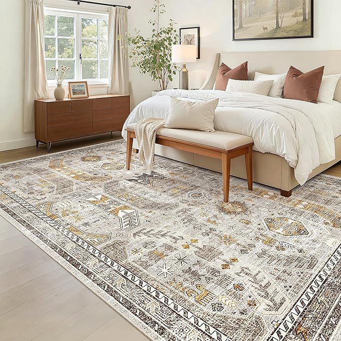 Madane 5x7 Area Rugs for Living Room, Stain Resistant Washable Rugs, Non-Slip Backing Area Rug, Vintage Home Decor Rug for Bedroom (Brown/Gold, 5'x7')