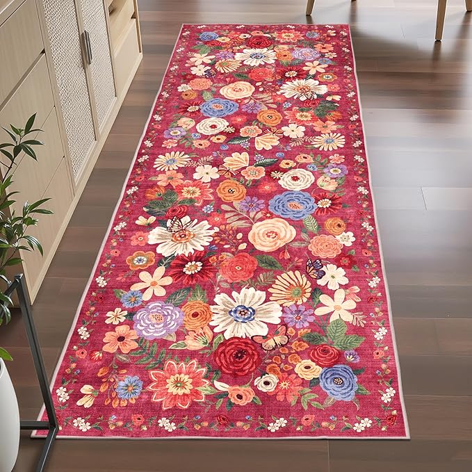 Rug for Hallways Kitchen Rug 3x7, Non Slip Washable Rugs with Rubber Backing Soft Floral Carpet Runner for Hallways, Kitchen, Laundry, Bedroom, Bathroom(3 x 7, Red Garden)
