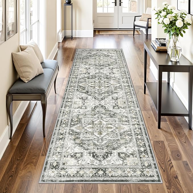Kitchen Runner Rug Non Slip Washable 2.5x8, Soft Low Pile Entryway Rug Runners for Hallways,Carpet Runner for Living Room,Kitchen, Laundry, Bathroom(Grey/Beige,2.5'x8')