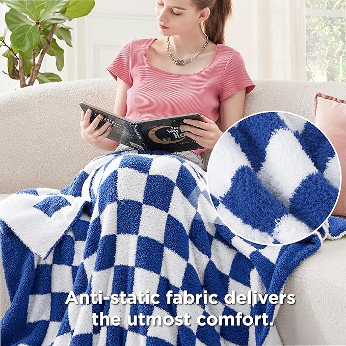 Bedsure Gentlesoft Checkered Twin Blanket for Couch - Soft Cozy & Warm Knit Navy Blue Throw Blanket, Breathable, Lightweight & Fluffy Plaid Blankets for Bed & Sofa, Gifts for Women Men, 60x80 Inches