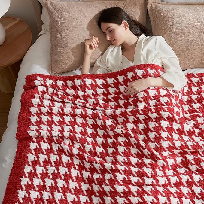 Snuggle Sac Ultra Soft Throw Blanket for Couch, Cozy Knitted Blankets, Fuzzy Knit Throws for Sofa, Bed, Home Decor, Houndstooth Red 50"x60"