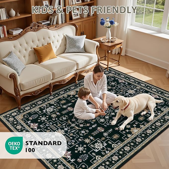 Area Rugs 9x12 Living Room Rug: Washable Rug Soft Vintage Boho Medallion Carpet Indoor Floor Non-Slip Stain Resistant Large Carpets for Bedroom Dining Room Farmhouse Nursery Home Office Black