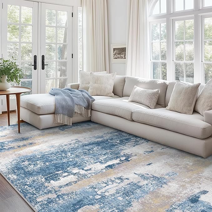 BEIMO Area Rugs 9x12 for Living Room Bedroom, Large Modern Abstract Machine Washable Soft Blue Cream Rug, Floor Carpet with Non Slip Backing for Dining Room