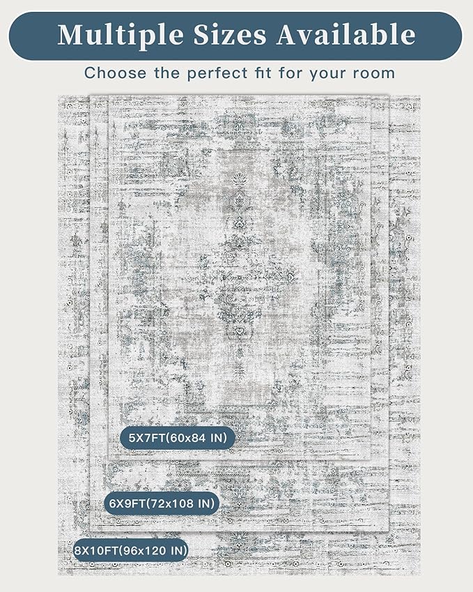 Madane Area Rugs 9x12 Living Room: Lagre Vintage Living Room Rug with Non-Slip Backing Low Pile Rugs Soft Indoor Floor Thin Carpet Non Shedding Carpets for Bedroom Dining Room Farmhouse Blue/Grey
