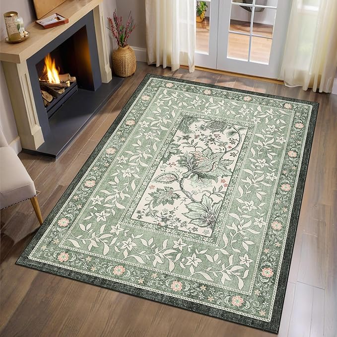 GarveeHome Provence Botanical Grove 4x6 Rug Sage Green Vintage Cottagecore Carpet 4 x 6 Area Rug for Bedroom Living Room Nursery Kitchen Entryway Indoor Mat