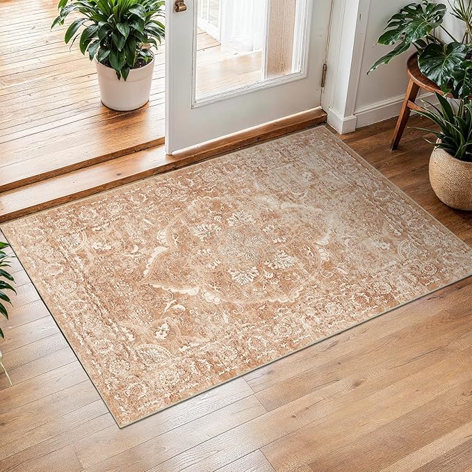 2x3 Entryway Area Rug Washable - Neutral Small Entry Rug Kitchen Rug Runner Vintage Soft Floor Mat Non Slip Indoor Farmhouse Carpet for Bedroom Bathroom Living Room (Brick)