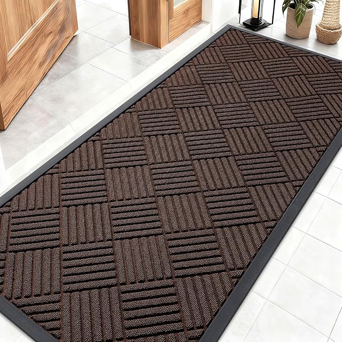 OLANLY Front Door Mat Outside Entrance 59x23, Absorbent, Heavy Duty Sturdy Natural Rubber Doormat Indoor Outdoor, Stain and Fade Resistant, Non-Slip Low Profile Floor Mat for Entryway, Brown Diamond