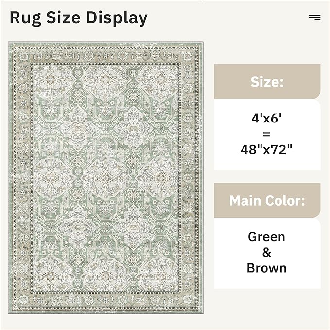 4x6 Area Rugs for Living Room, Vintage Washable Rugs for Dining Room, Bedroom, Home Office Decor, Non-Slip Green/Brown Carpet Thin Rug