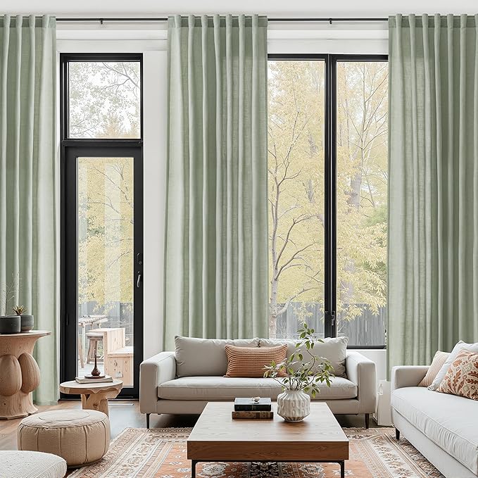 Desert Sage Linen 144 Inch Curtains for Living Room Light Filtering Semi Sheer Curtain Back Tab Rustic Farmhouse Decor Elegant Soft Drapes Floor to Ceiling High Window for Bedroom 52x144, 2 Panels