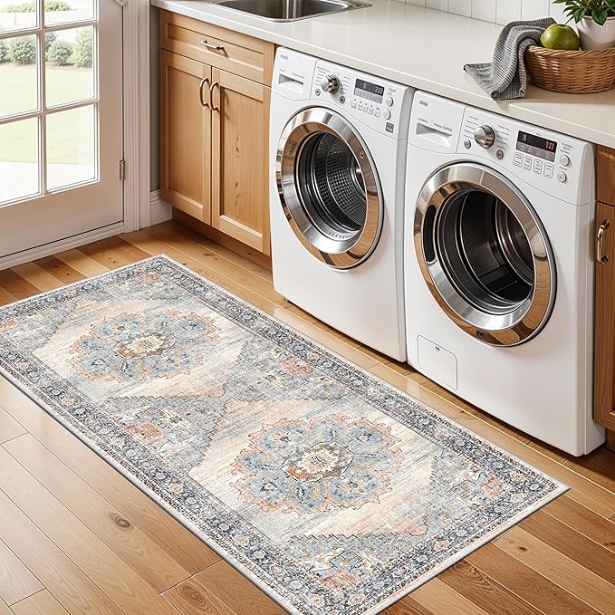TOPRUUG 2x5 Hallway Runner Rug: Washable Non-Slip Rugs for Kitchen Vintage Water Resistant Entryway Rug Ultra-Thin Soft Living Room Bedroom Carpet Low Pile Durable Floor Mat for Bathroom (Blue, 2X5)