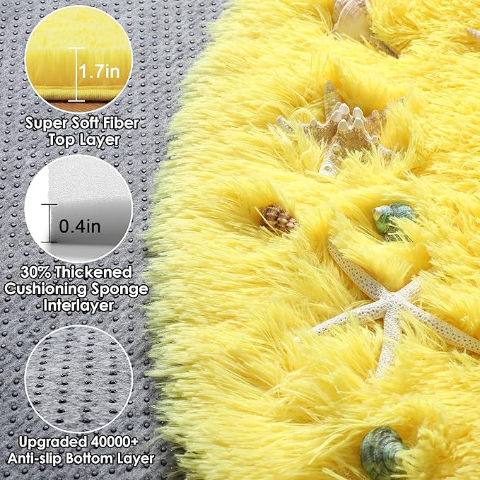 ONASAR Yellow Round Area Rugs 4ft for Bedroom Living Room, Fluffy Circle Rug for Kids Girls Boys Teen, Soft Plush Shaggy Carpet for Nursery Dorm Classroom Playroom Home Decor Aesthetic