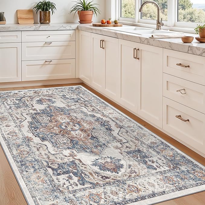 4x6 Living Room Area Rugs: Washable Boho Bedside Rugs Non-Slip Low Pile Small Carpet for Kitchen Bedroom Non-Shedding Floor Mat for Kids Room Office Dining Room(4x6，Brick)
