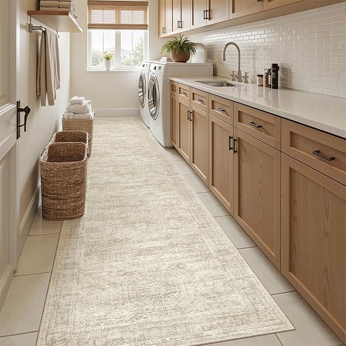 Runner Rug 2'6" x 12' Washable Non-Slip Runner Rugs for Kitchen Bathroom Laundry Room Vintage Ultra Thin Runners for Hallway Entryway Beige