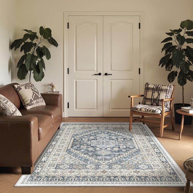 4x6 Area Rugs for Living Room, Non-Slip Backing Small Kids Rugs for Bedroom, Vintage Floral Rug Home Decor, Low Pile Soft Washable Rug for Kitchen, Dining Room (Blue/Beige,4'x6')