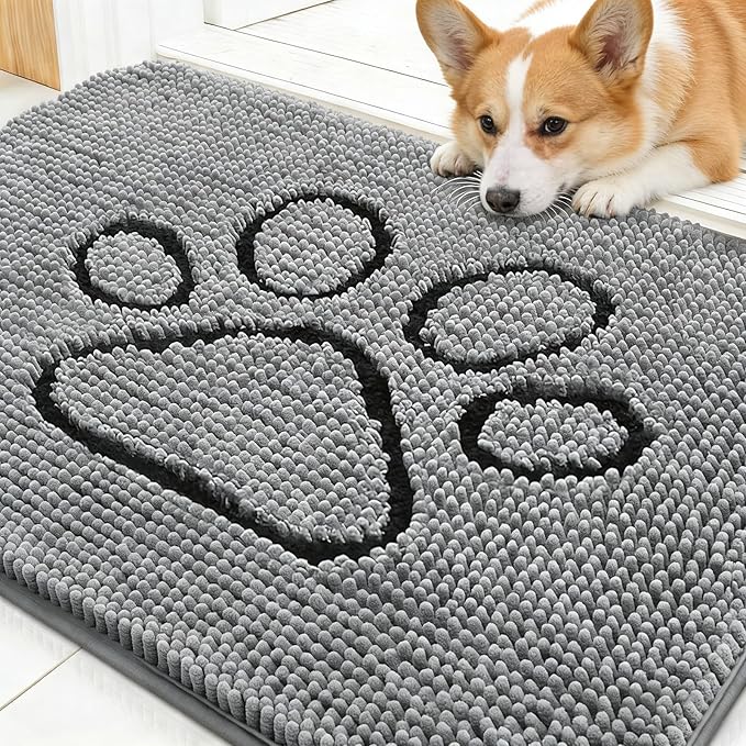 OLANLY Dog Door Mat for Muddy Paws 30x20, Paw Print Design, Absorbs Moisture and Dirt, Absorbent Non-Slip Washable Doormat, Quick Dry Chenille Mud Mat for Dogs, Entry Indoor Entryway Carpet, Grey