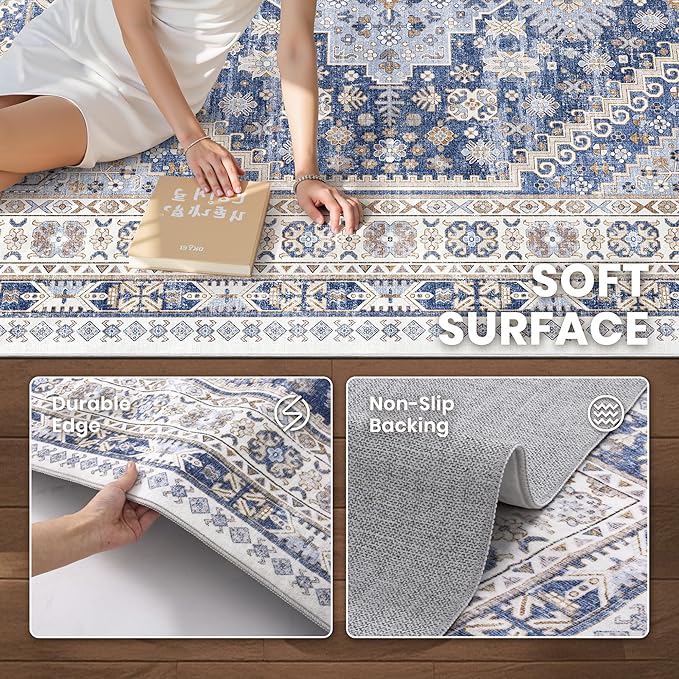 zesthome Washable Round Rug - 5ft Ultra-Thin Circle Area Rugs, Vintage Non-Slip Low Pile Rug for Living Room, Stain Resistant Rug for Bedroom, Entryway, Kitchen, Nursery