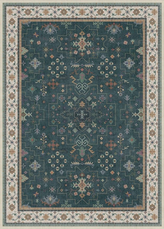 Hazo Haus Dark Green Oushak Living Room Rug 10x14 - Modern Vintage Boho Eclectic Floral Pastel, Washable Low Pile Non-Slip Extra Large Area Rugs for Dining Under Table Bedroom Lounge