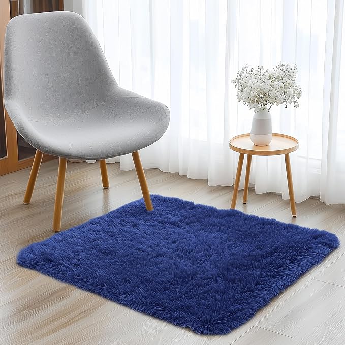 OLANLY 2x2 Machine Washable Small Rug, Soft Fluffy Shaggy Throw Rug for Bedroom, Entryway, Indoor Floor Carpet for Kids, Nursery, Home Decor, Navy Blue