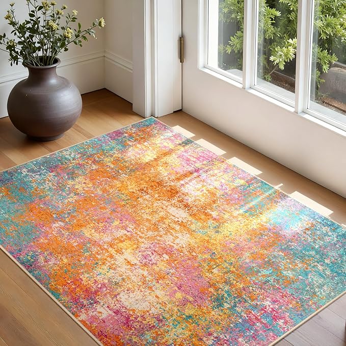 Washable Area Rugs 3'x5' Non-Slip Modern Abstract Soft for Living Room Entryway Bedroom Nursery, Print Pattern, Orange Blue Pink Yellow Colorful