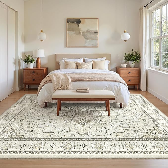 zesthome 5x7 Area Rugs, Machine Washable Rugs for Living Room, Bedroom,Stain Resistant Vintage Large Area Rug,Non-Slip Medallion Pattern Home Decor Rugs (Beige,5'x7')