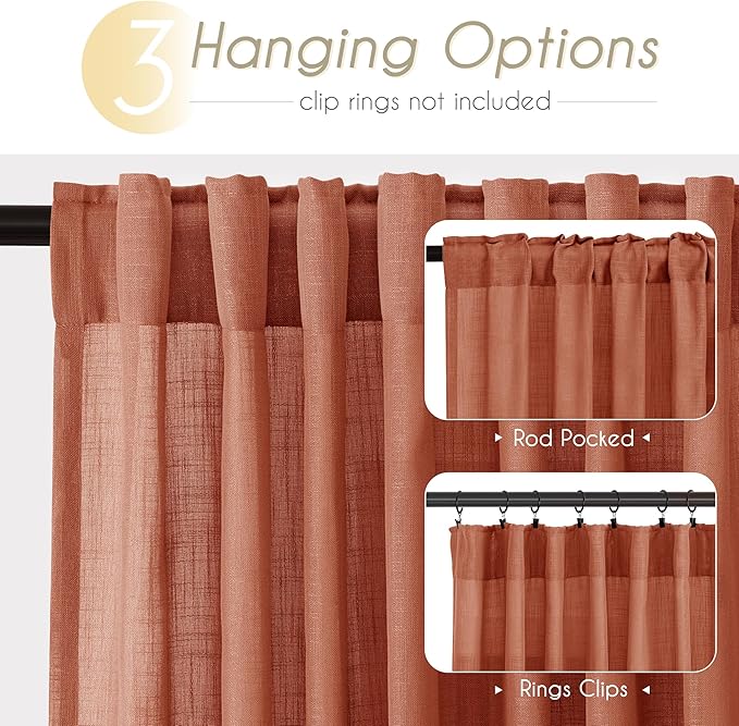 92 inch Linen Terracotta Curtains 2 Panels for Living Room Back Tab Light Filtering Semi Sheer Rust Colored Curtains 92 inches Long Soft Thick Cotton Cloth Textured Rustic Boho Farmhouse Room Decor
