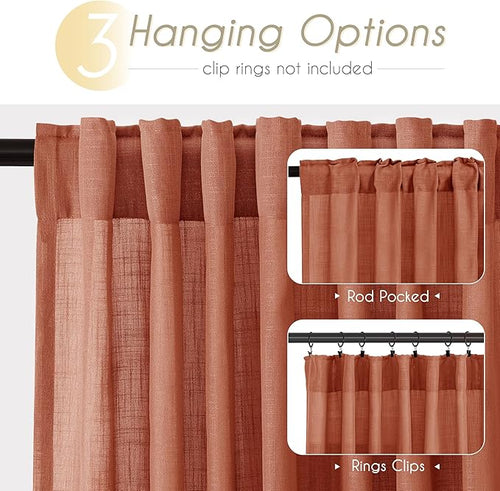 102 inch Linen Terracotta Curtains 2 Panels for Living Room Back Tab Light Filtering Semi Sheer Rust Colored Curtains 102 inches Long Soft Thick Cotton Cloth Textured Rustic Boho Farmhouse Room Decor