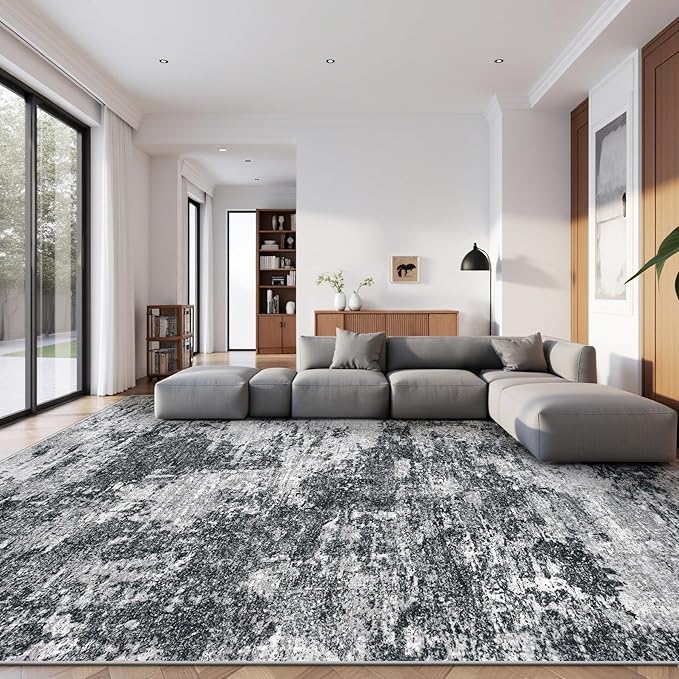 Area Rugs 10x14 Living Room: Washable Rug Modern Abstract Neutral Soft Non-Slip Low-Pile Indoor Large Carpet for Bedroom Dining Room Playroom Home Office (Black Grey, 10'x14')