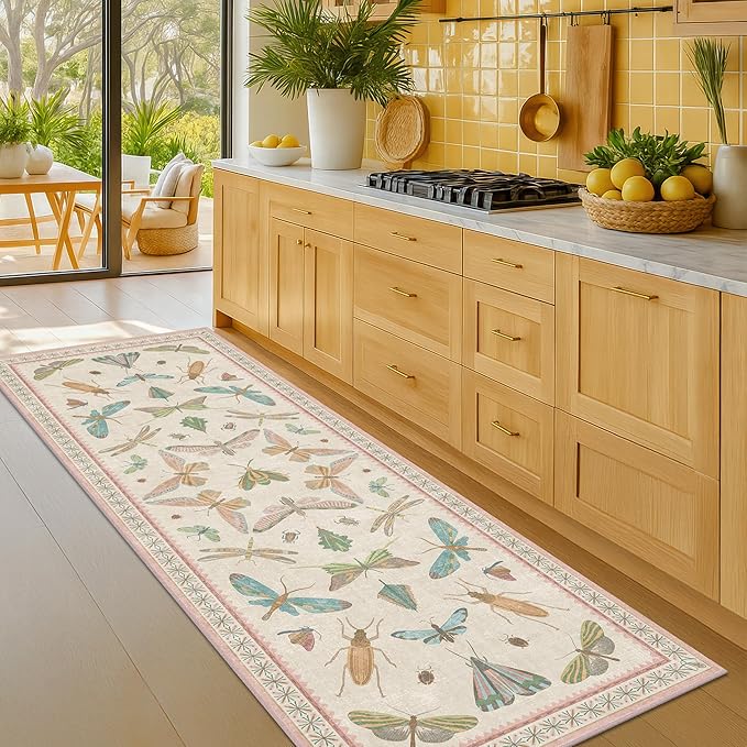 Hazo Haus Boho Bathroom Runners - 2x5 Pink Rug for Kitchen, Entry Way, Hallway, Non Slip Washable Butterfly Insect Print Home Decor