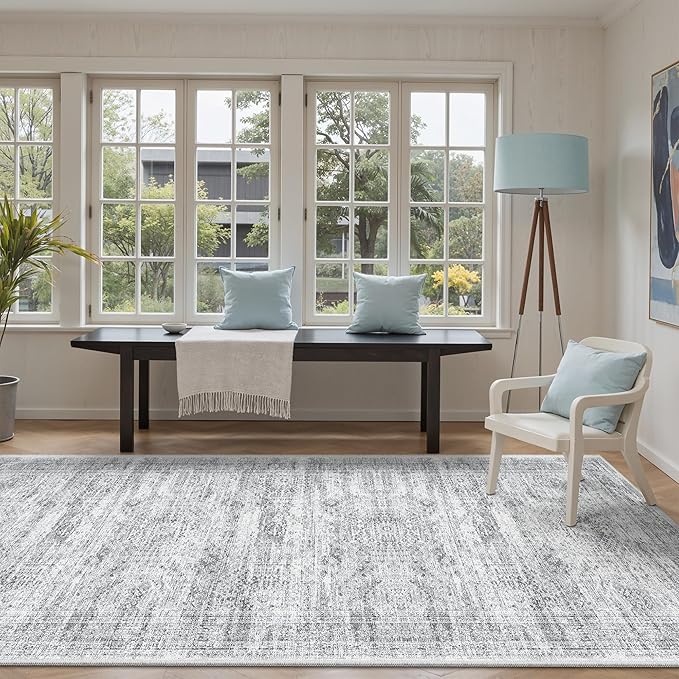 Soalmost 4x12 Wide Hallway Runners: Washable 12ft Runner Rug for Entryway Living Room Soft Vintage Non Slip Carpet Runner for Kitchen Dining Room Nursery Bedroom (Grey, 4x12ft)