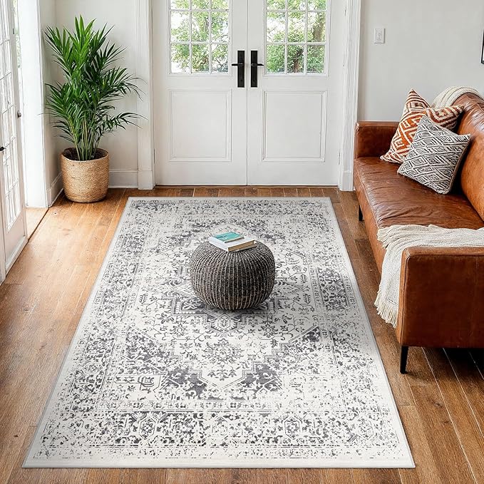 Washable 3x4 Area Rug for Entryway - Kitchen Non Slip Low-Pile Rugs Vintage Soft Thin Carpet Small Stain Resistant Mat for Bedroom Entrance Bathroom Floor Decor (Distessed Grey)